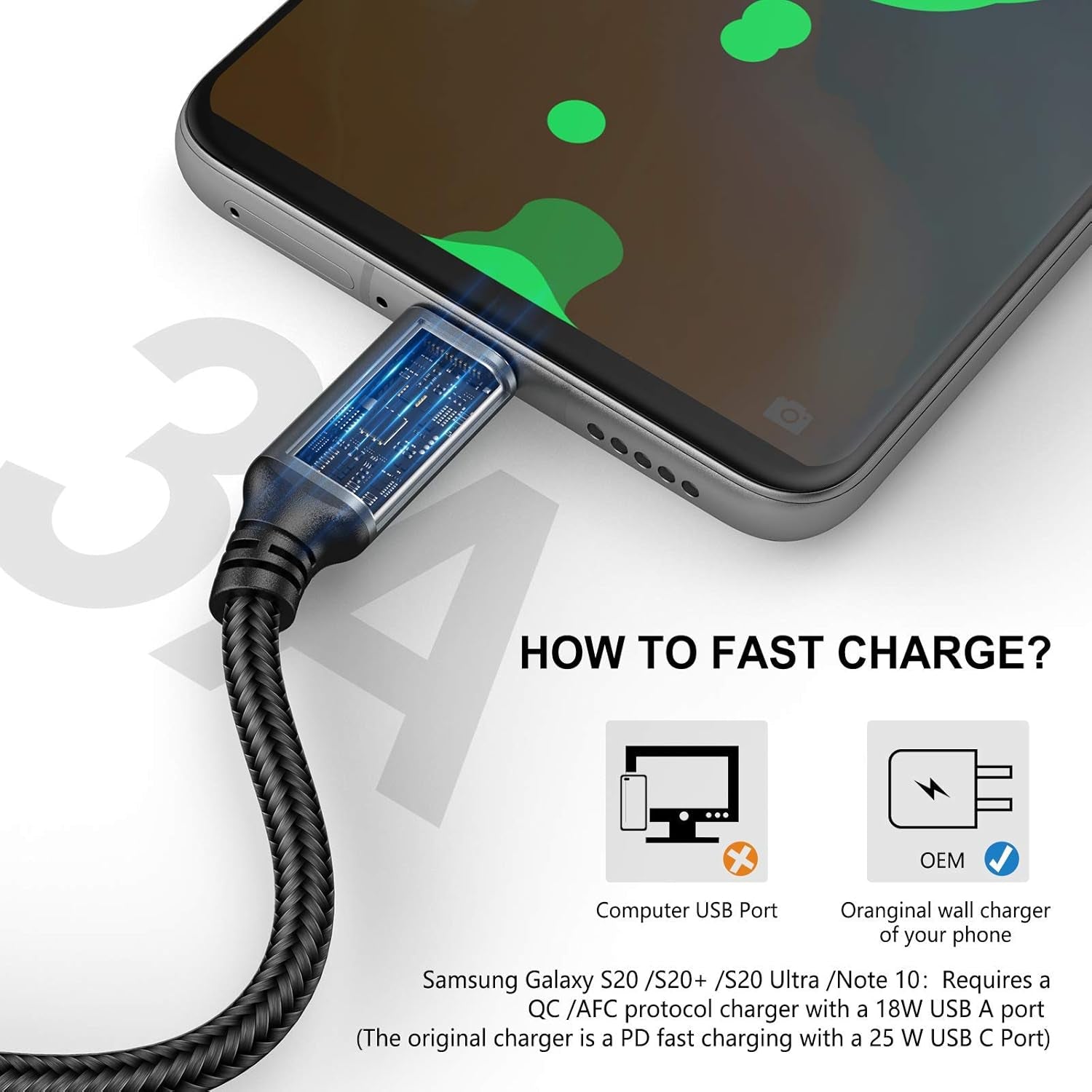 USB Type-C Cable 5Pack 6Ft Fast Charging 3A Quick Charger Cord, Type C to a Cable 6 Foot Compatible Samsung Galaxy S10 S9 S8 Plus, Braided Fast Charging Cable for Note 10 9 8, LG V50 V40 G8 G7(Grey)